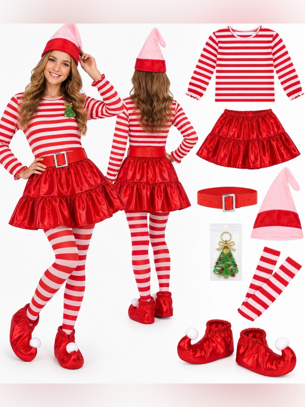 Adult Christmas Elf Costume Women’s Small Red Pink Striped Holiday Halloween